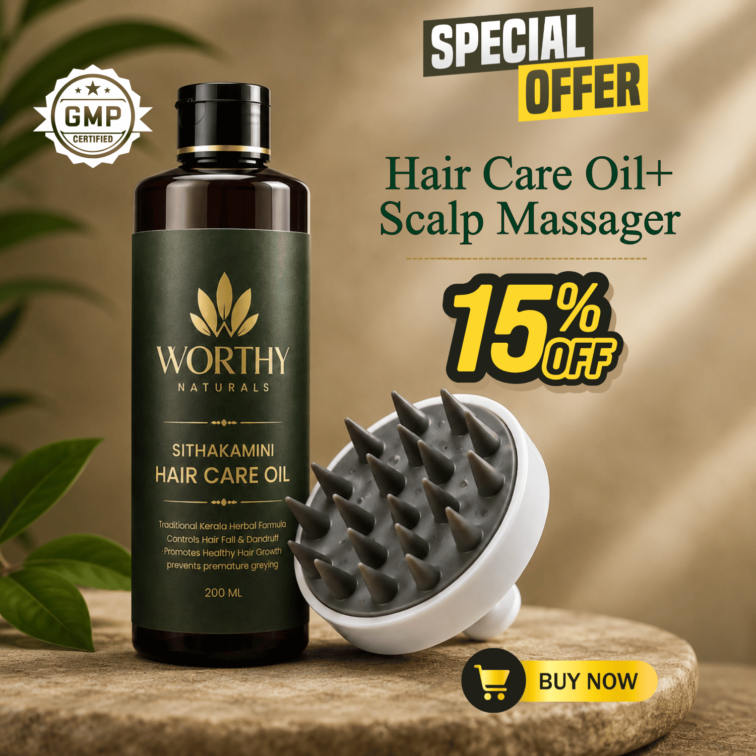 Worthy Naturals Sitakamini Hair Care Oil bottle next to a white and gray scalp massager, displayed on a wooden surface with promotional text overlays.
