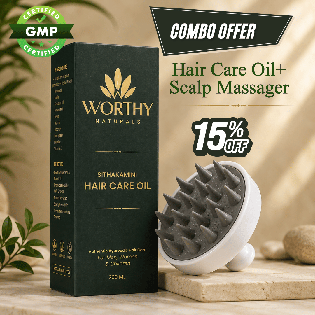 Worthy Naturals Sithakamini Hair Care Oil box shown beside a scalp massager on a beige stone surface with promotional text overlays including 'Combo Offer', 'Hair Care Oil+ Scalp Massager', and '15% Off'.
