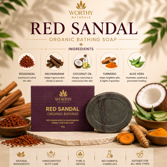 Worthy Naturals Red Sandal Organic Bathing Soap packaging and product components displayed on a styled background with ingredients including red sandal wood, turmeric, coconut, and aloe vera.