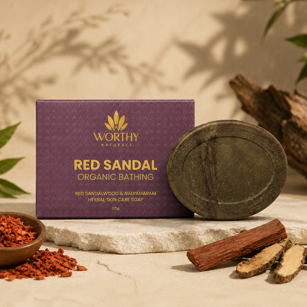 Worthy Naturals Red Sandal Organic Bathing soap shown with its purple box, a round dark soap bar, and bath ingredients on a stone slab in a styled setting.