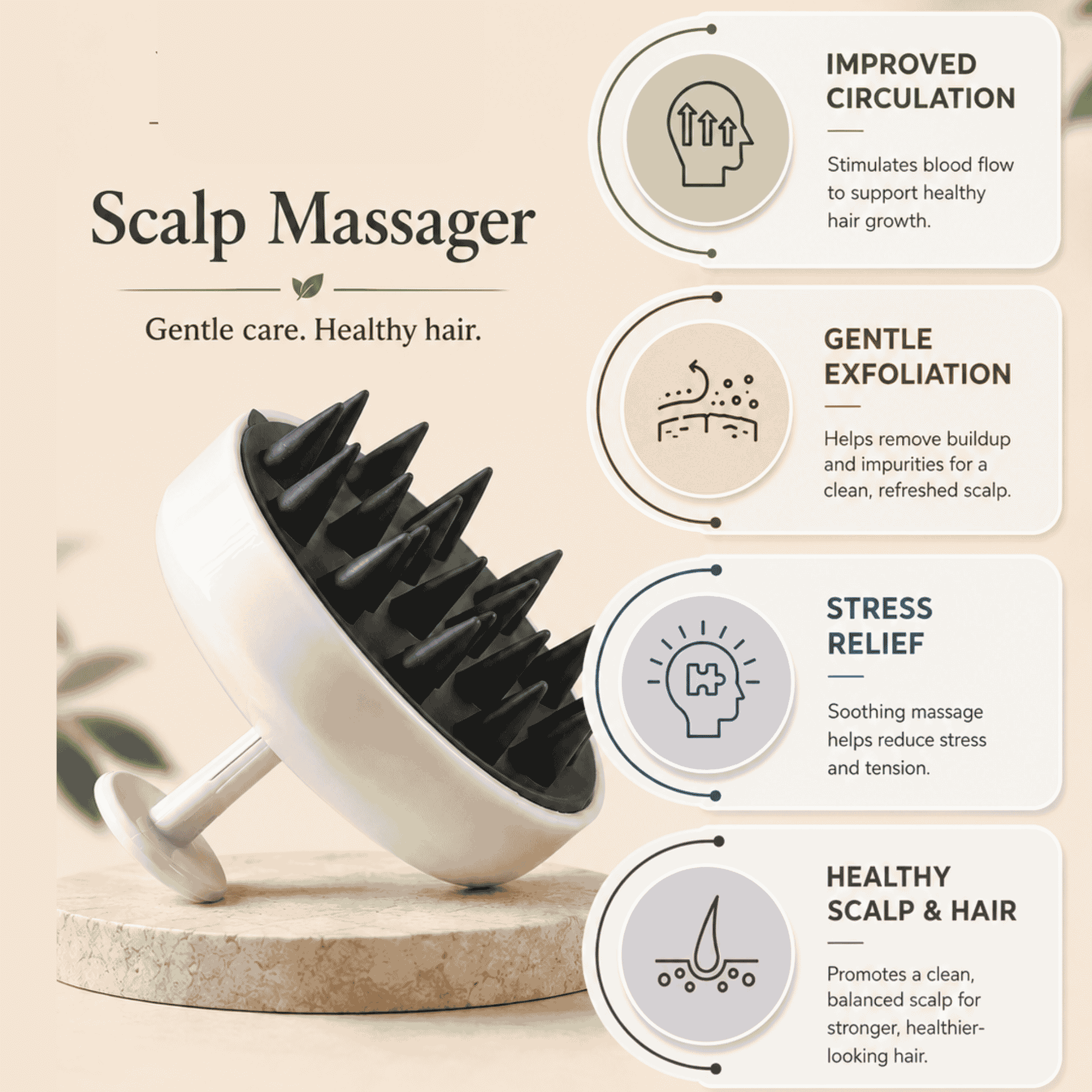 A scalp massager shown on a beige promotional graphic with text callouts about improved circulation, gentle exfoliation, stress relief, and healthy scalp and hair.