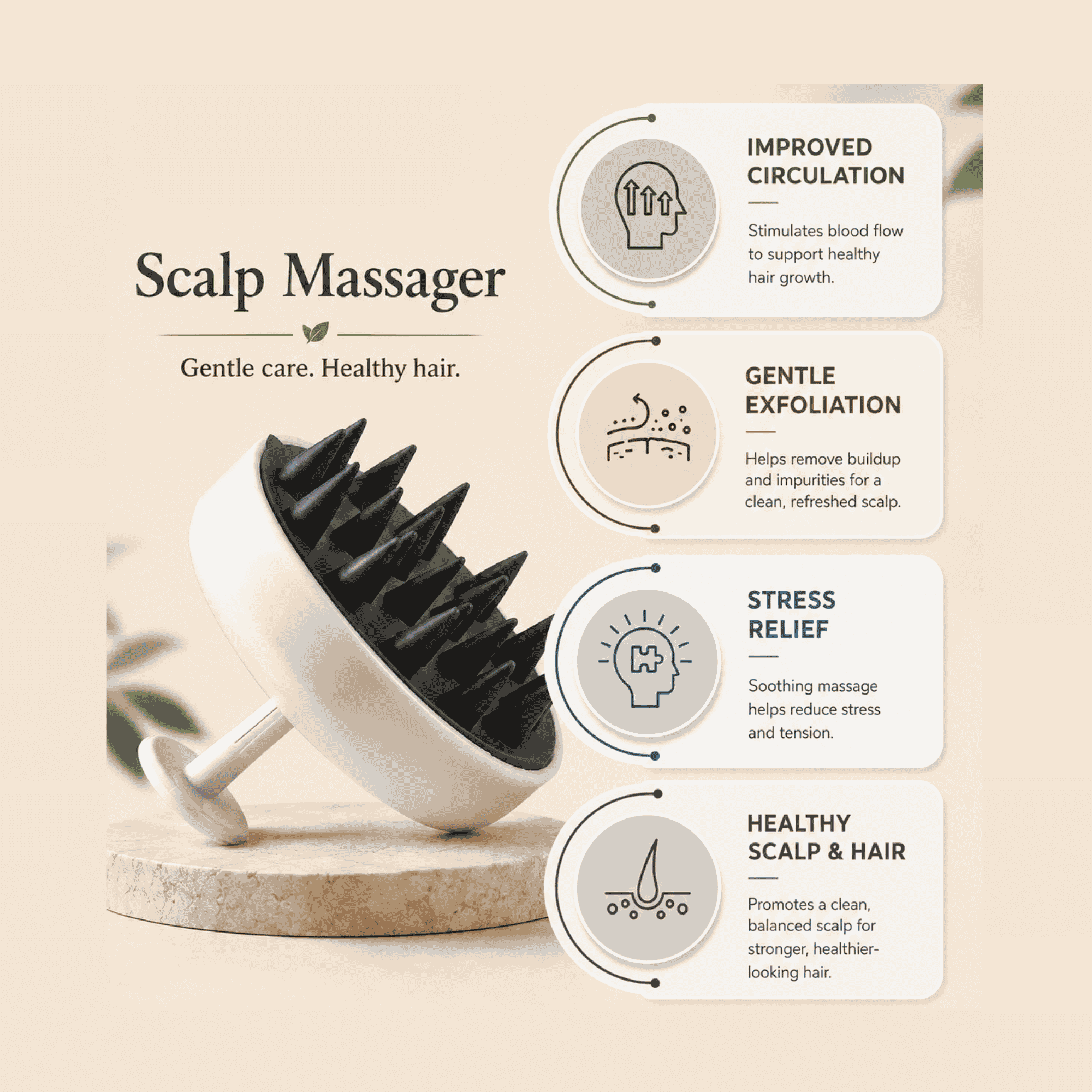 A scalp massager shown on a beige promotional graphic with text callouts about benefits: improved circulation, gentle exfoliation, stress relief, and healthy scalp & hair.