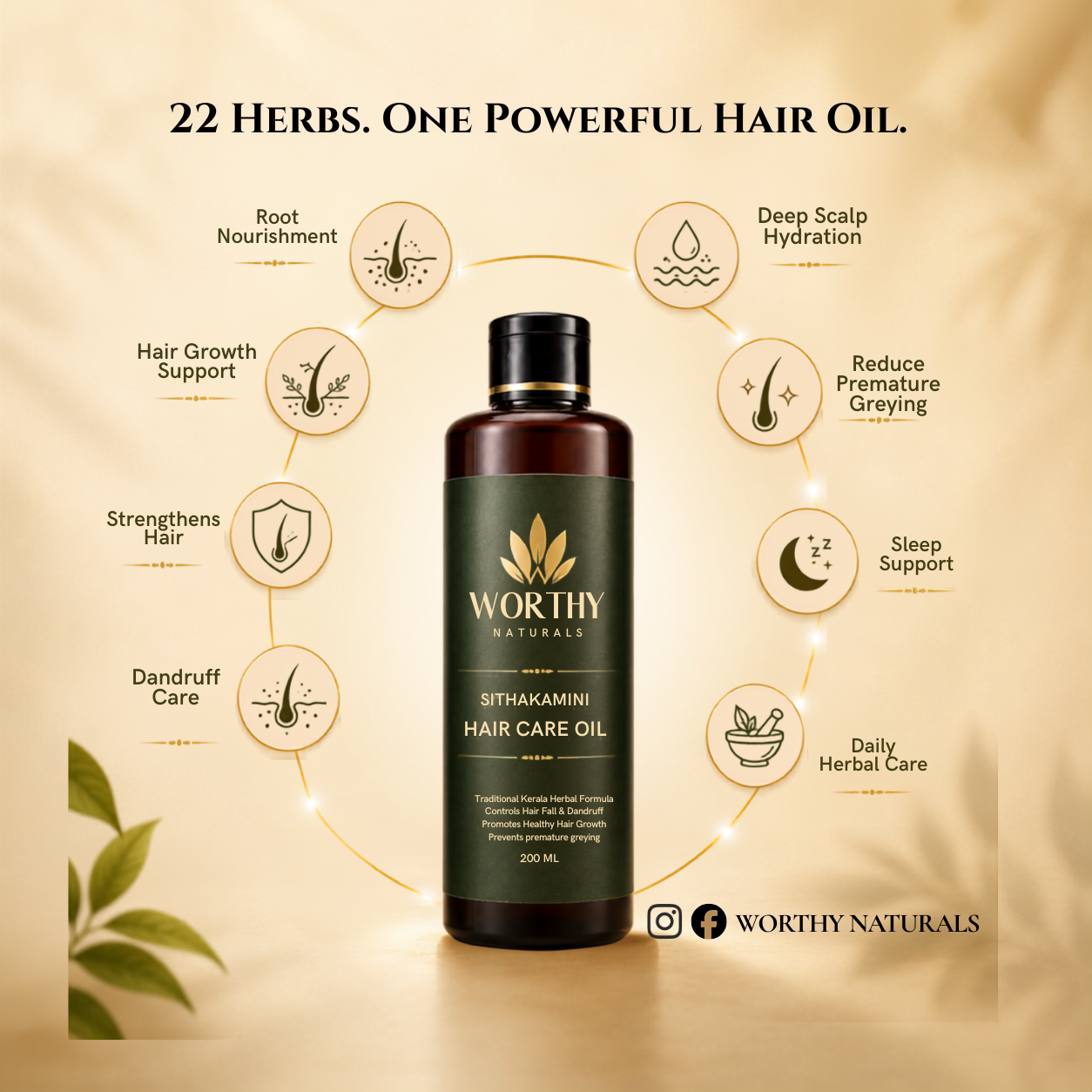 A bottle of Worthy Naturals Sithakamini Hair Care Oil centered on a warm beige background with decorative text and circular icons highlighting benefits such as root nourishment, deep scalp hydration, hair growth support, and sleep support.