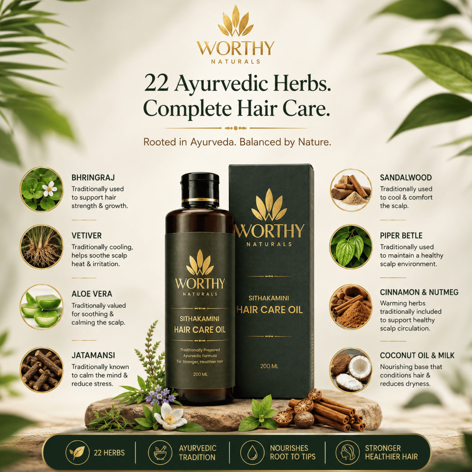 Worthy Naturals Sithakamini Hair Care Oil bottle and box displayed on a beige background with decorative leaves, surrounded by ingredient icons and text detailing 22 Ayurvedic herbs.