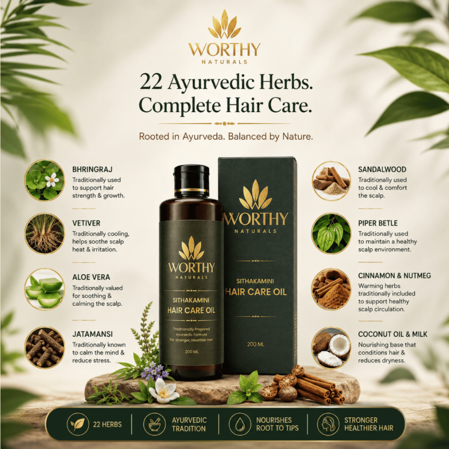 Worthy Naturals Sitrakarmin Hair Care Oil bottle and box displayed on a beige background with decorative leaves, ingredient callouts, and a green banner highlighting key benefits.