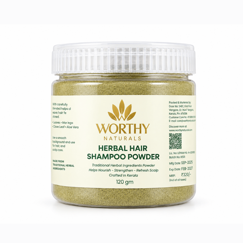 A jar of Worthy Naturals Herbal Hair Shampoo Powder on a clean white background. The clear plastic jar shows the light brown herbal powder inside, with a cream-colored label featuring the brand's gold leaf logo and text.