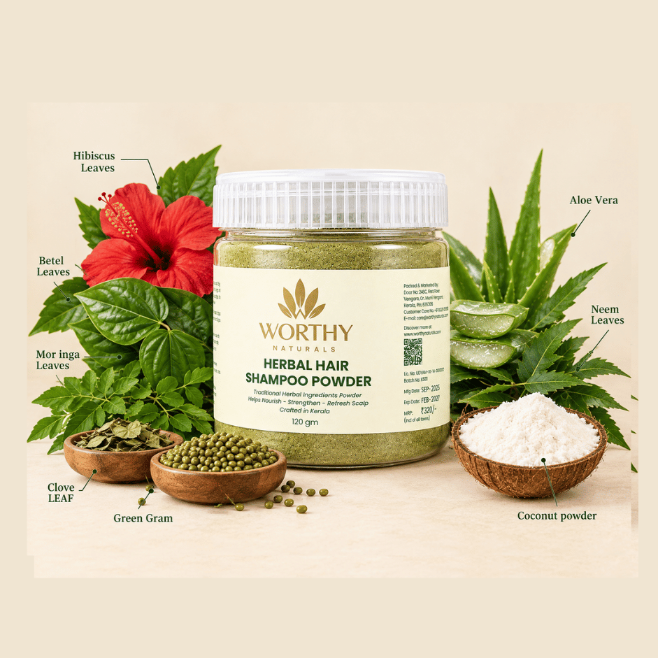 A jar of Worthy Naturals Herbal Hair Shampoo Powder is centered on a beige background, surrounded by labeled ingredients including hibiscus leaves, betel leaves, neem leaves, green gram, cloves, and coconut powder. The product jar has a white cap and a cream label with green text, and the surrounding ingredients are arranged as styled props.