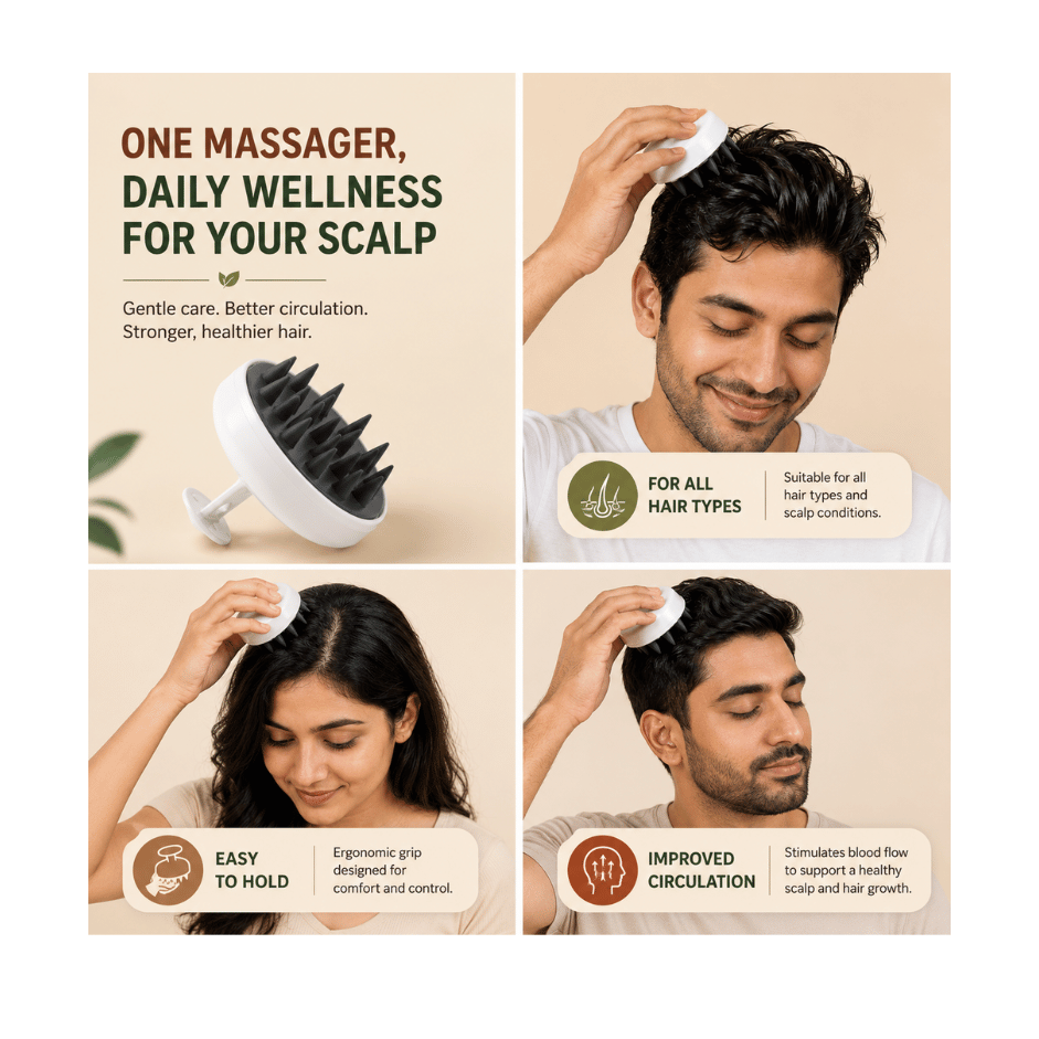 A four-panel marketing graphic for a scalp massager. The top-left panel shows the white and black handheld massager and text reading 'ONE MASSAGER, DAILY WELLNESS FOR YOUR SCALP.