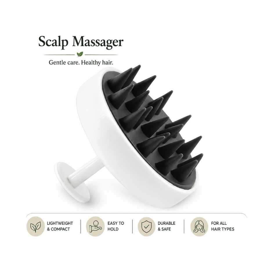 A white and black scalp massager shown on a clean white background with marketing text and feature icons below. The product has a round white base, a white handle, and multiple black silicone nubs on the top.