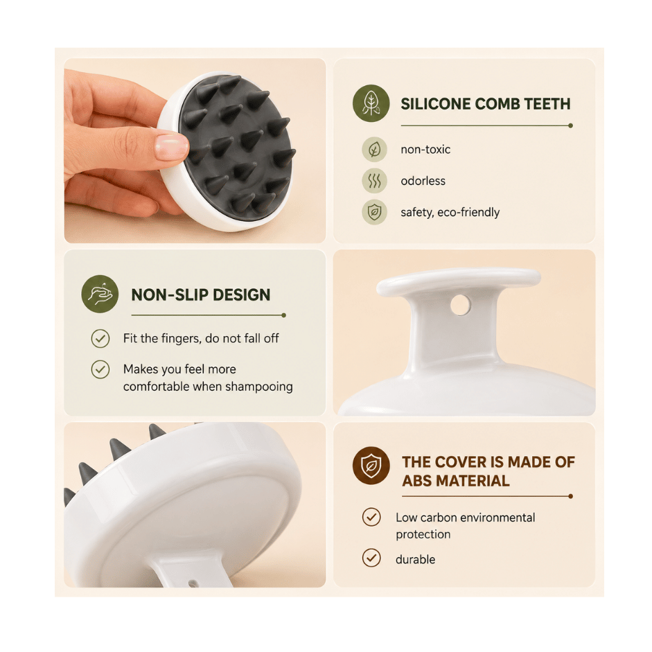 A 2x2 promotional infographic on a light beige background showing a white and black silicone scalp massage/combing brush. The text highlights features such as silicone comb teeth, non-slip design, and eco-friendly ABS material cover.