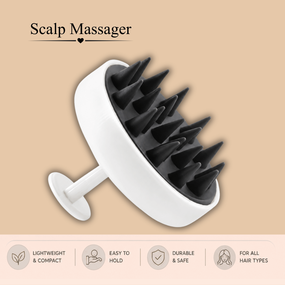 WORTHY NATURALS white and black scalp massager shown on a beige background with promotional text and feature icons.