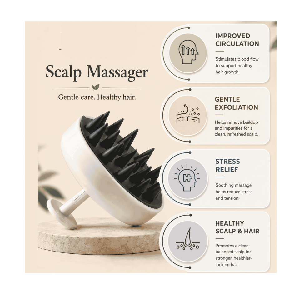 A scalp massager shown on a beige promotional graphic with text callouts about improved circulation, gentle exfoliation, stress relief, and healthy scalp & hair.