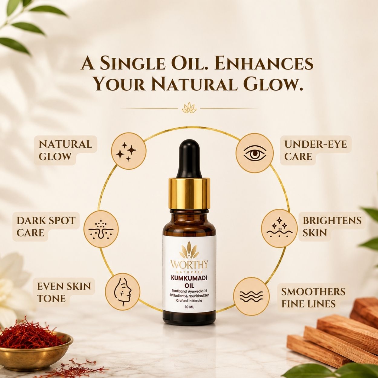 A single dropper bottle of WORTHY Komkomachi Oil centered on a light cream background with decorative leaves, a small bowl of red saffron, and wooden sticks. Text above reads 'A SINGLE OIL.