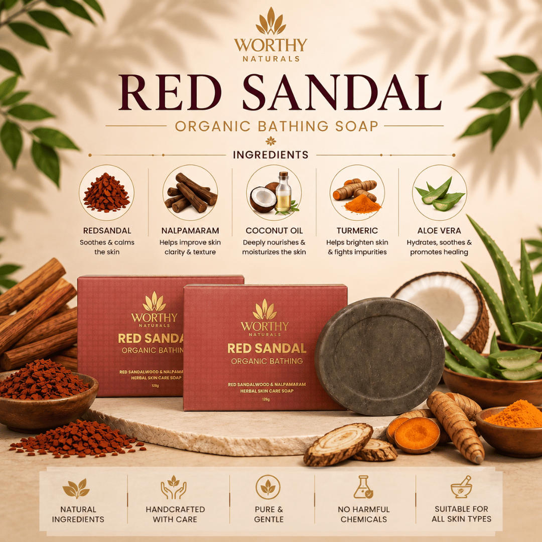 Worthy Naturals Red Sandal Organic Bathing Soap shown with two red soap bars, two red boxes, a dark soap dish, and ingredient callouts including red sandal, turmeric, coconut oil, aloe vera, and cinnamon on a warm beige background with botanical props.