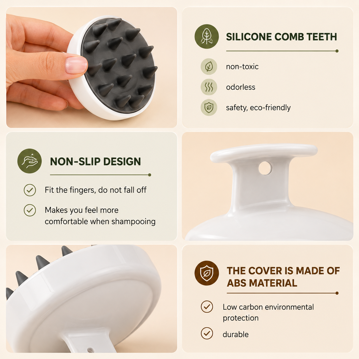 A 2x2 infographic detailing the features of a white and black silicone scalp massage comb on a beige background. The top-left panel shows a hand holding the product, labeled 'SILICONE COMB TEETH' with bullet points for non-toxic, odorless, and eco-friendly properties.