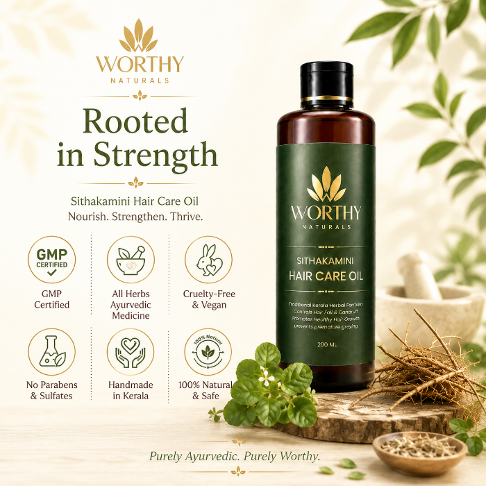 A bottle of Worthy Naturals Sithakamini Hair Care Oil displayed on a wooden slice with herbal ingredients, set against a warm cream background with product details and benefits listed on the left.
