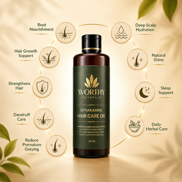 A bottle of Worthy Naturals Sithakamini Hair Care Oil centered on a warm beige background with decorative leaves and circular benefit icons around it.