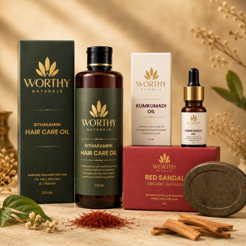 Worthy Naturals hair care set including Sithakamini Hair Care Oil in a dark green bottle next to its box, Kumkumadi Oil in a small amber dropper bottle with a white box, and Red Sandalwood Organic Bathing Soap with a round bar, styled on a wooden surface with incense and spices.