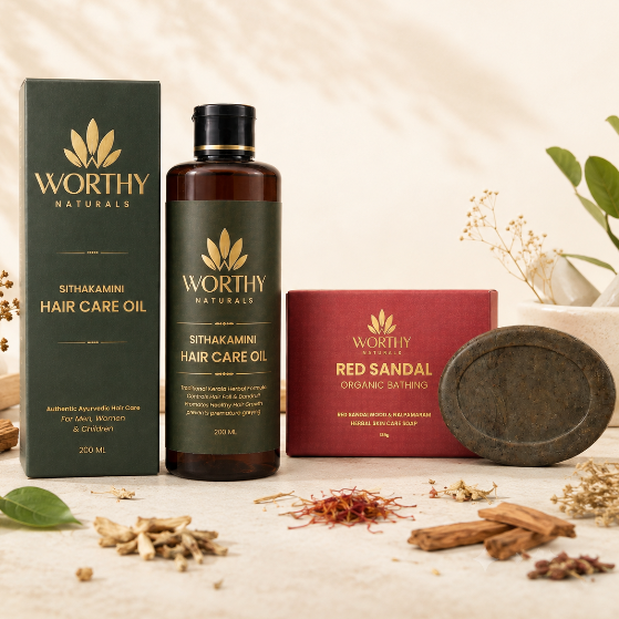 Worthy Naturals Sithakamini Hair Care Oil bottle and box displayed alongside a Red Sandal organic bathing soap box and a round soap bar, styled with spices and leaves on a light beige surface.