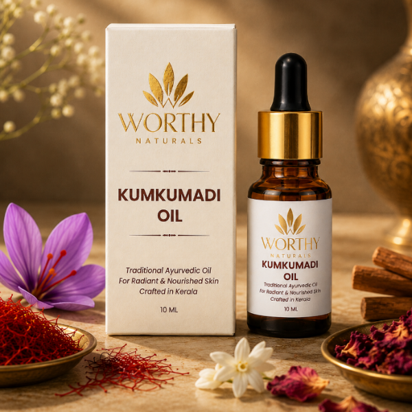 Worthy Naturals Kumkumadi Oil 10ml bottle with its cream-colored box, styled on a wooden surface with traditional ingredients including saffron, dried flowers, cinnamon, and a purple saffron flower.