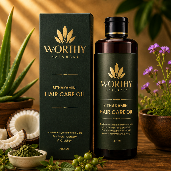Worthy Naturals Sithakamini Hair Care Oil bottle and matching box displayed on a wooden surface with aloe, coconut, herbs, and flowers around them.
