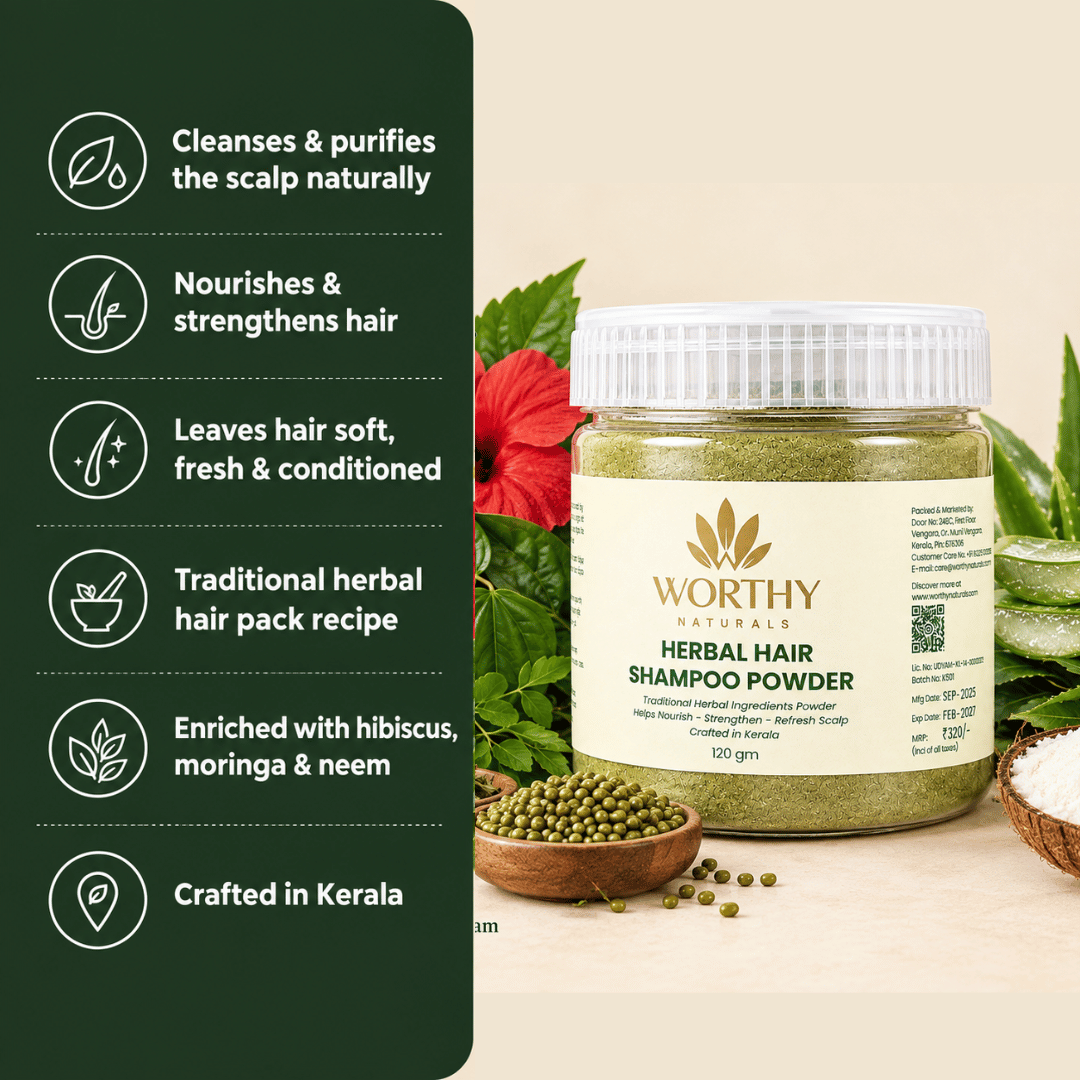 A jar of Worthy Naturals Herbal Hair Shampoo Powder displayed on a beige surface with green leaves, a red flower, and small bowls of ingredients around it. A dark green vertical panel on the left lists benefits in white text with icons, such as cleansing, nourishing hair, softening hair, and traditional herbal recipe.