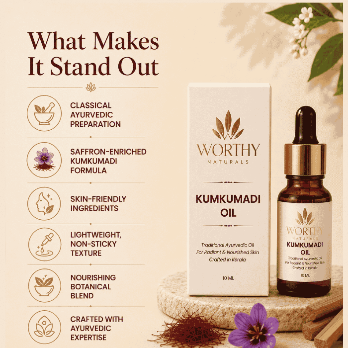 Worthy Naturals Kumkumadi Oil bottle and its box displayed on a wooden stand, with promotional text on the left detailing the product's ingredients and benefits.