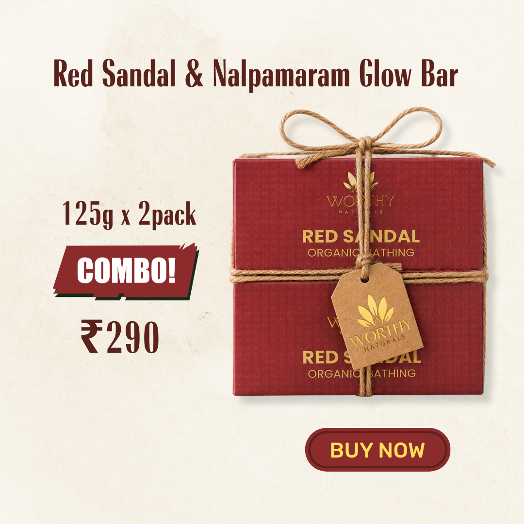 Two red packaged bars of Worthy Organics Red Sandal & Nalpamaram Organic Bathing, tied with twine and a kraft paper tag, shown on a light beige background with promotional text and a 'BUY NOW' button.