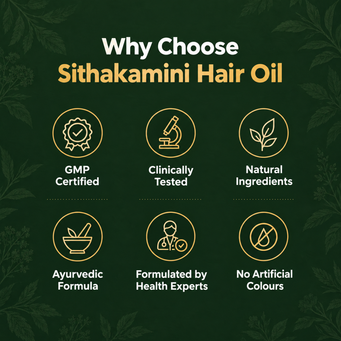 A dark green promotional graphic for Sitakamini Hair Oil with white and gold text and icons highlighting product benefits: GMP certification, clinical testing, natural ingredients, ayurvedic formula, formulation by health experts, and no artificial colors.